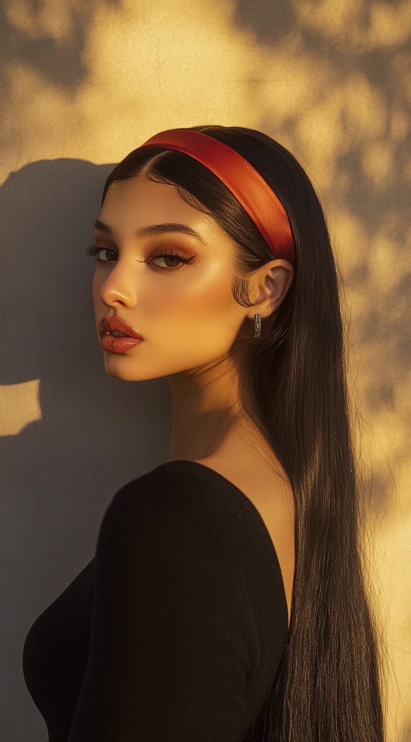 Side profile of a woman with sleek, long hair and a shiny, red satin headband.