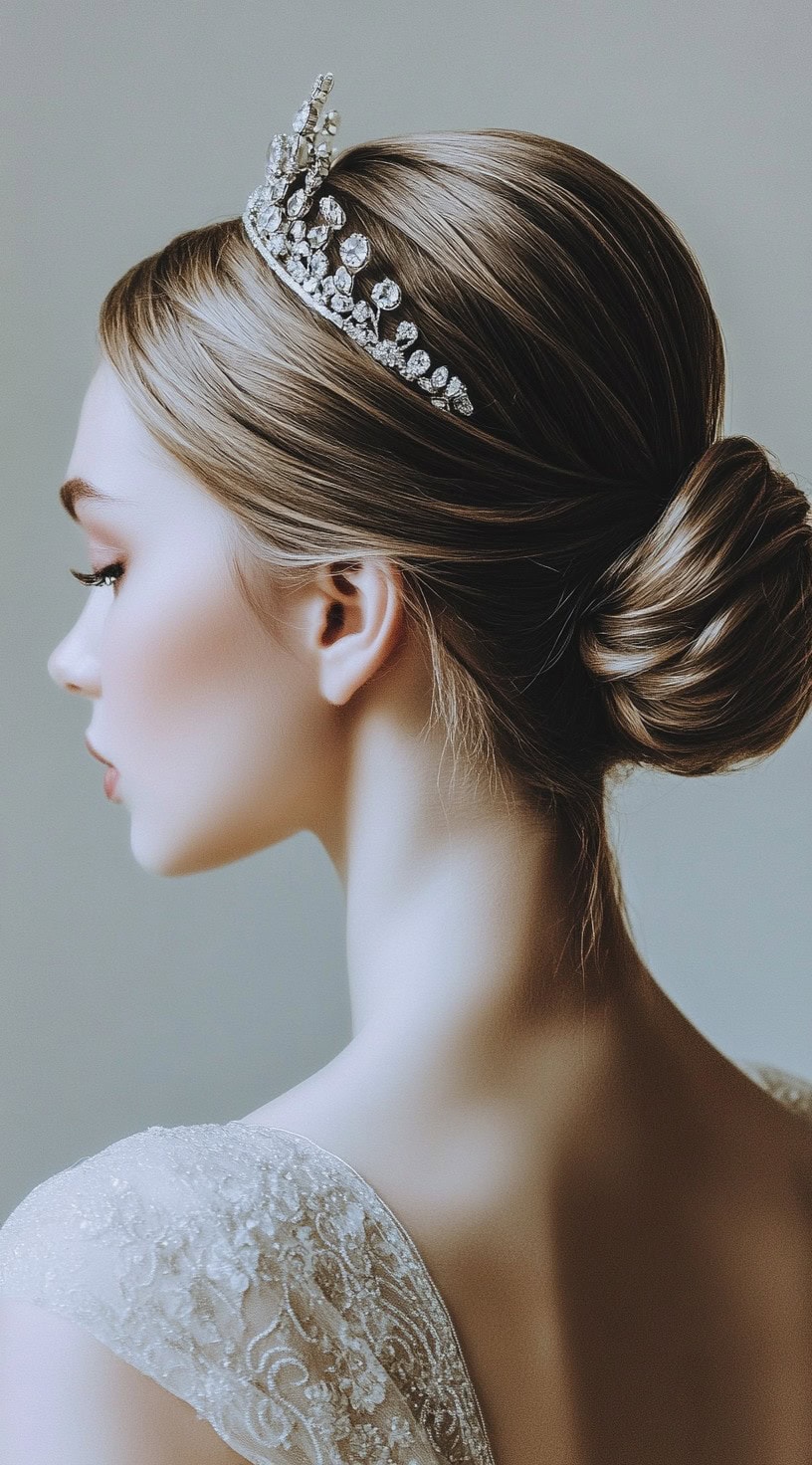 Profile view of a woman with a sleek low bun accented by a sparkling rhinestone tiara.