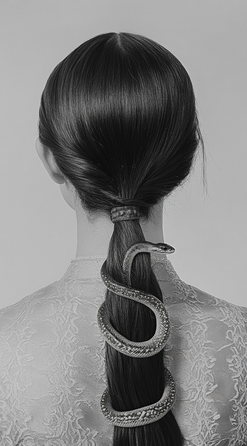 Back view of a woman with a sleek low ponytail wrapped in a coiled snake accessory.