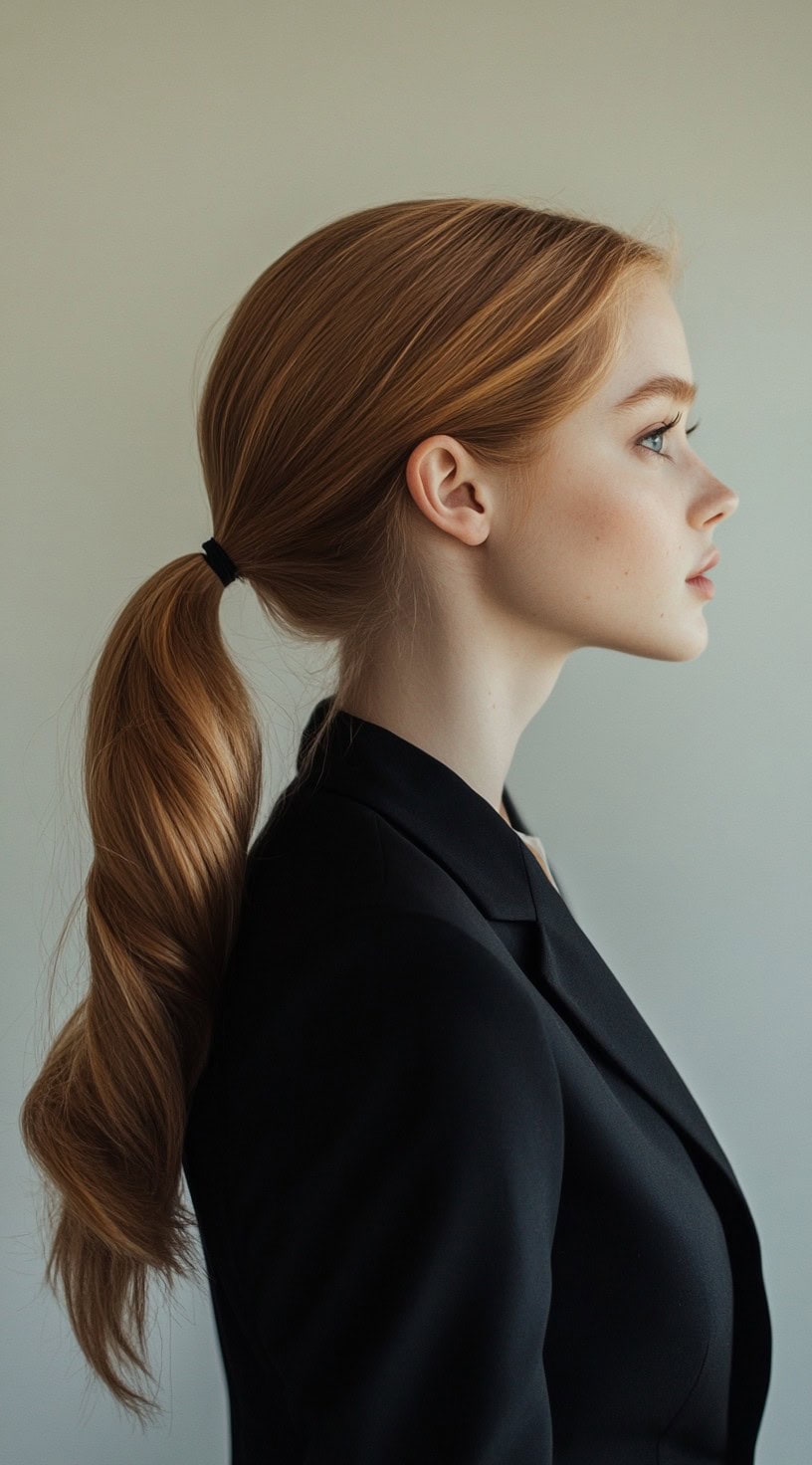 A profile view of a woman with a sleek, mid-high ponytail, wearing a black blazer.