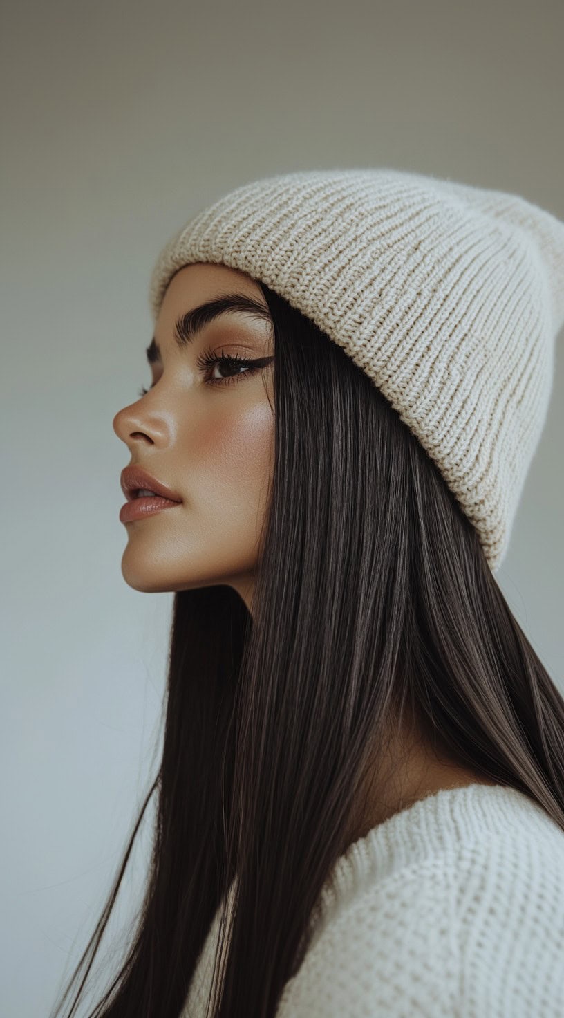 A young woman with sleek, straight hair wearing a white beanie, creating a polished and minimalist look.