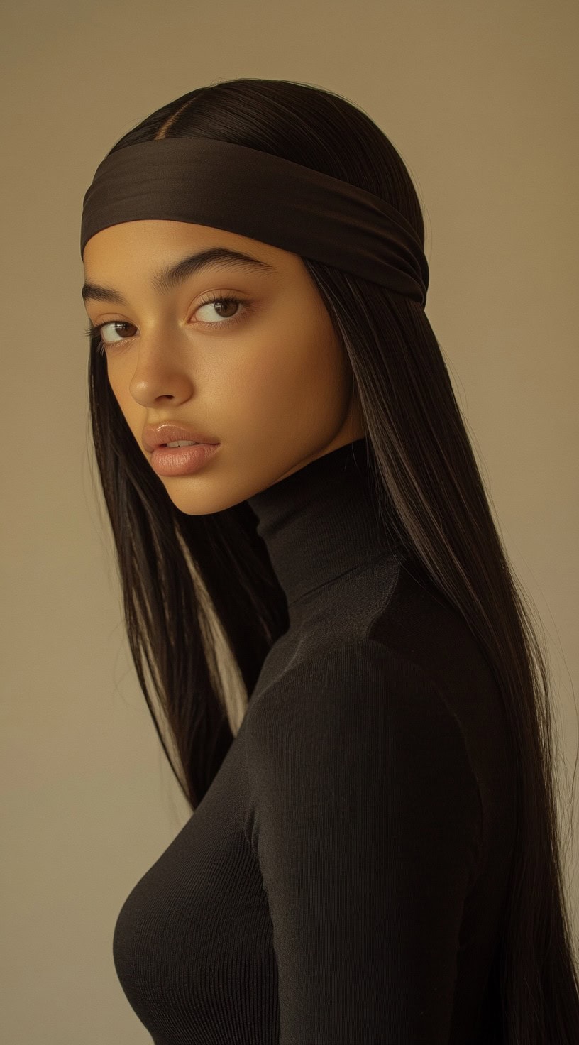 Side profile of a woman with sleek, straight hair and a dark, minimalist headband.