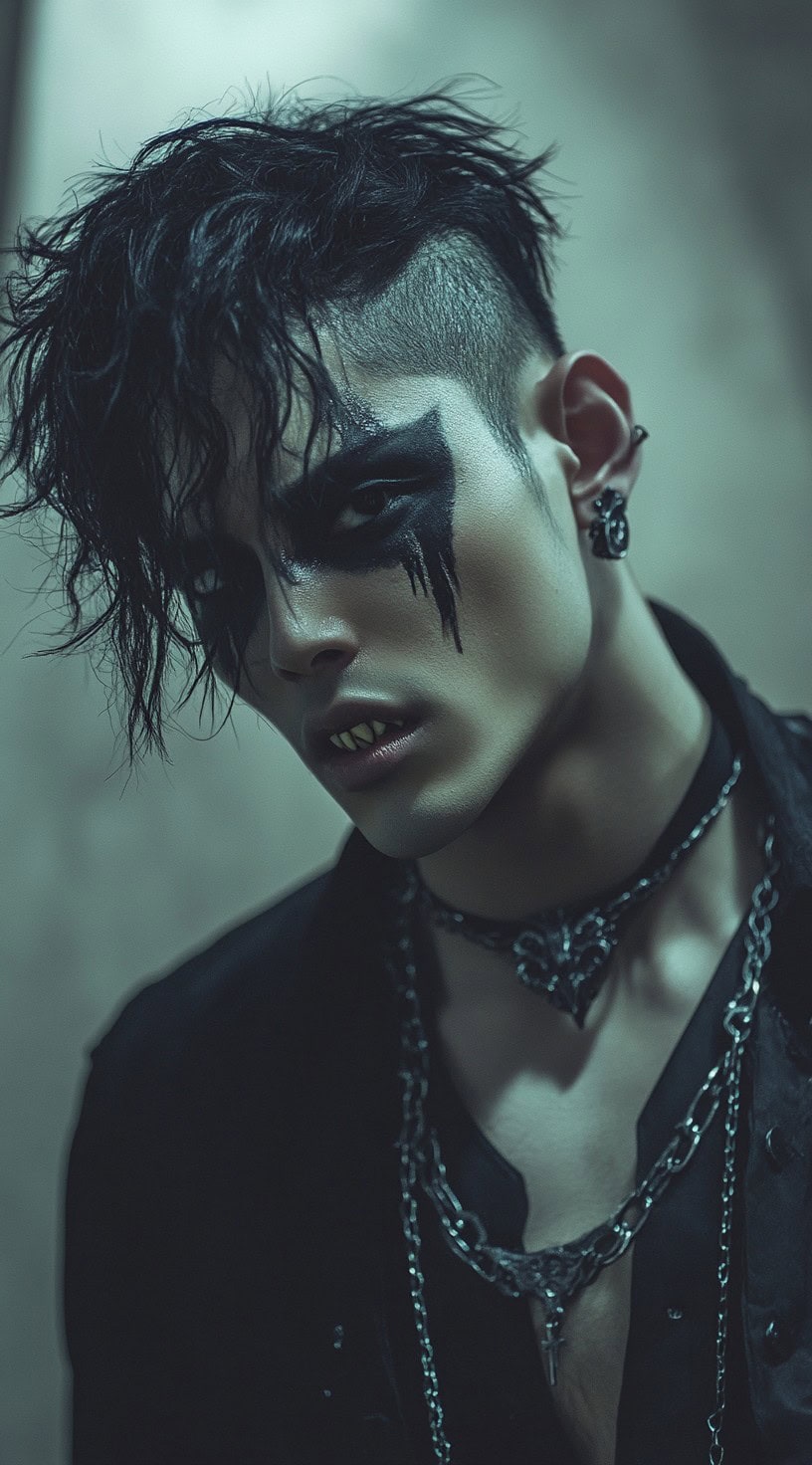 A vampire with sleek, dark hair and gothic chains around the neck.