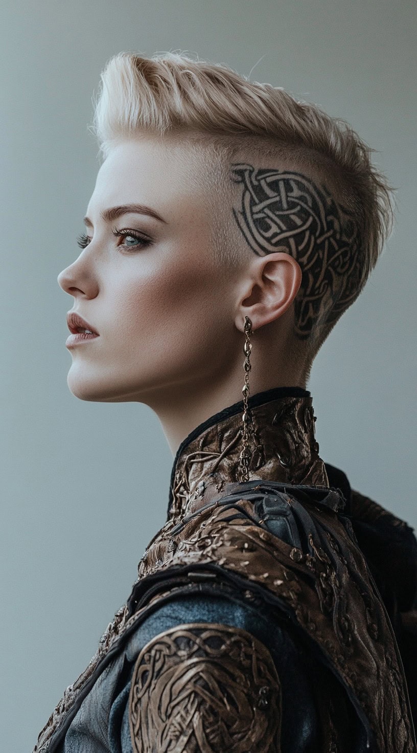 Slicked back pompadour with a tattooed undercut on a blonde woman wearing ornate armor.