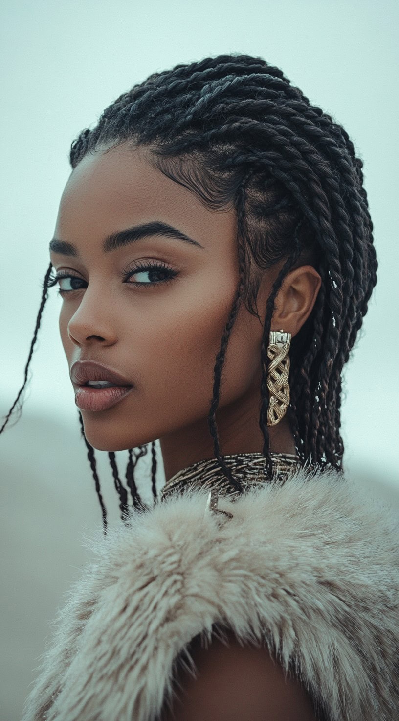 Slicked back short twists on a dark-skinned woman with thick, coiled hair.