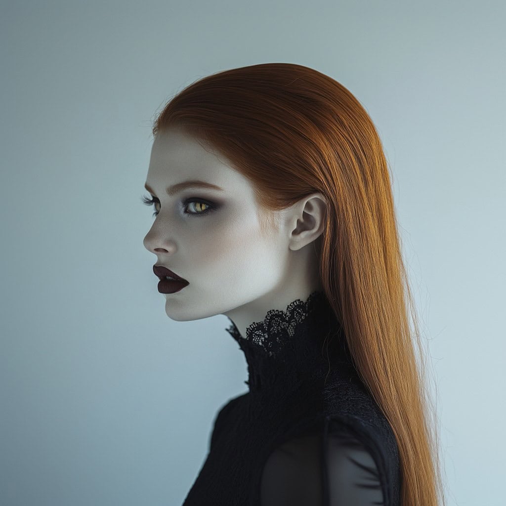 Side view of a woman with long, red hair slicked back, styled with vampire makeup.