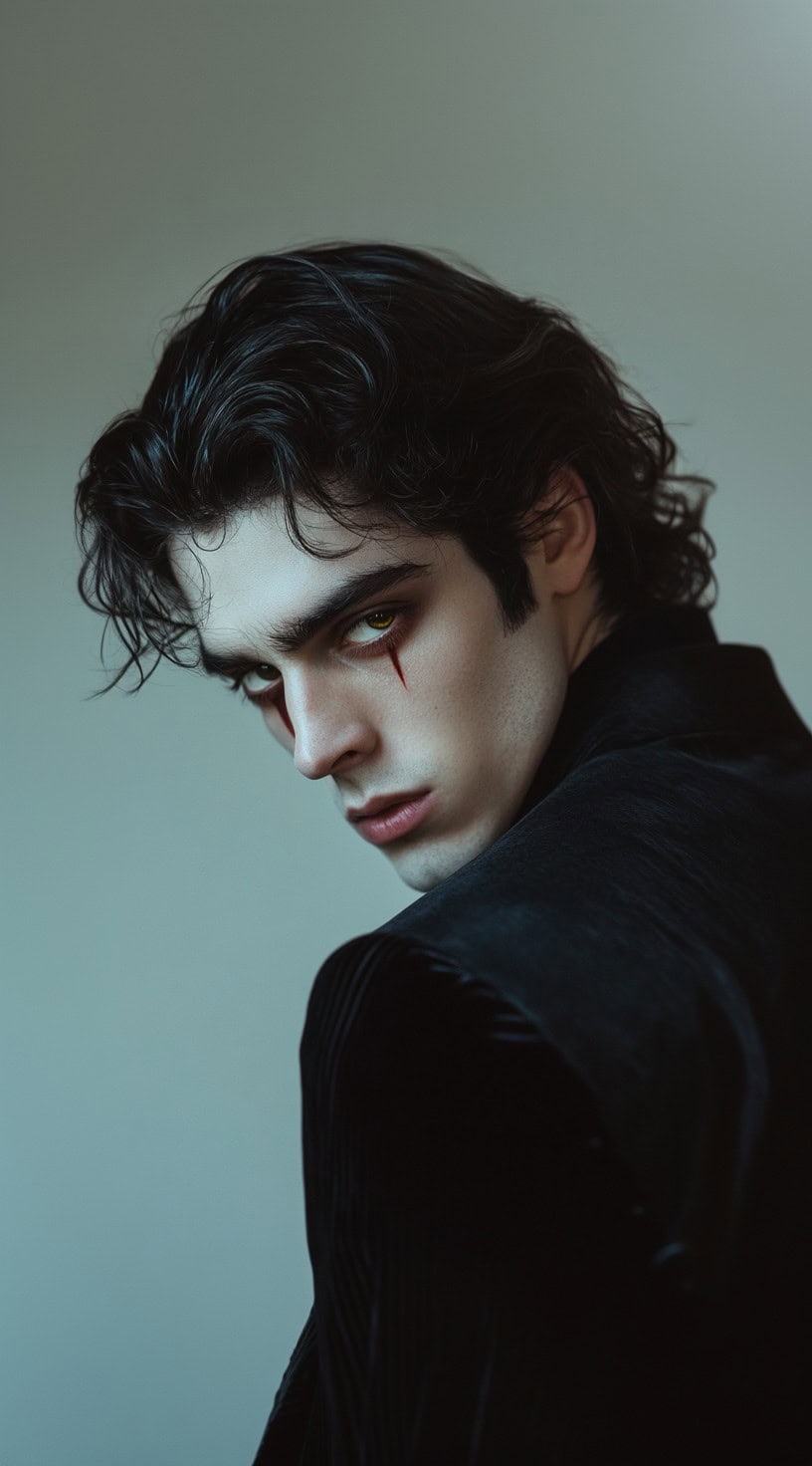 Side profile of a man with wavy black hair slicked back, creating a voluminous and mysterious look.