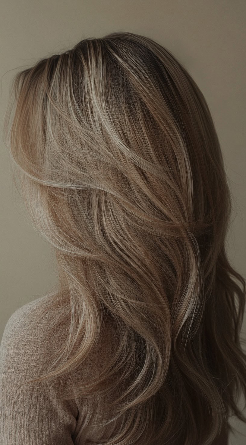 Side profile view of layered hair with soft beige blonde highlights on dirty blonde hair.