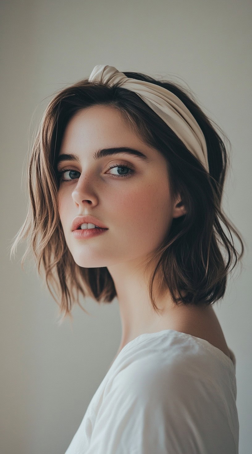 Close-up of a woman with a soft bob haircut and a knotted cream headband.