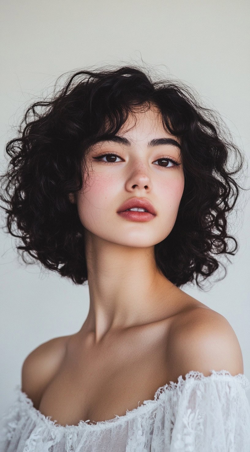 A front-facing view of a woman with a soft, curly bob hairstyle and wispy bangs.