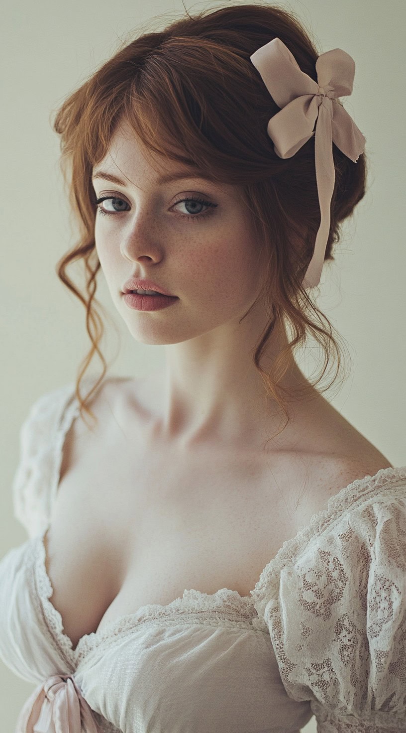 Side profile of a woman with a soft romantic updo, adorned with a delicate ribbon bow.