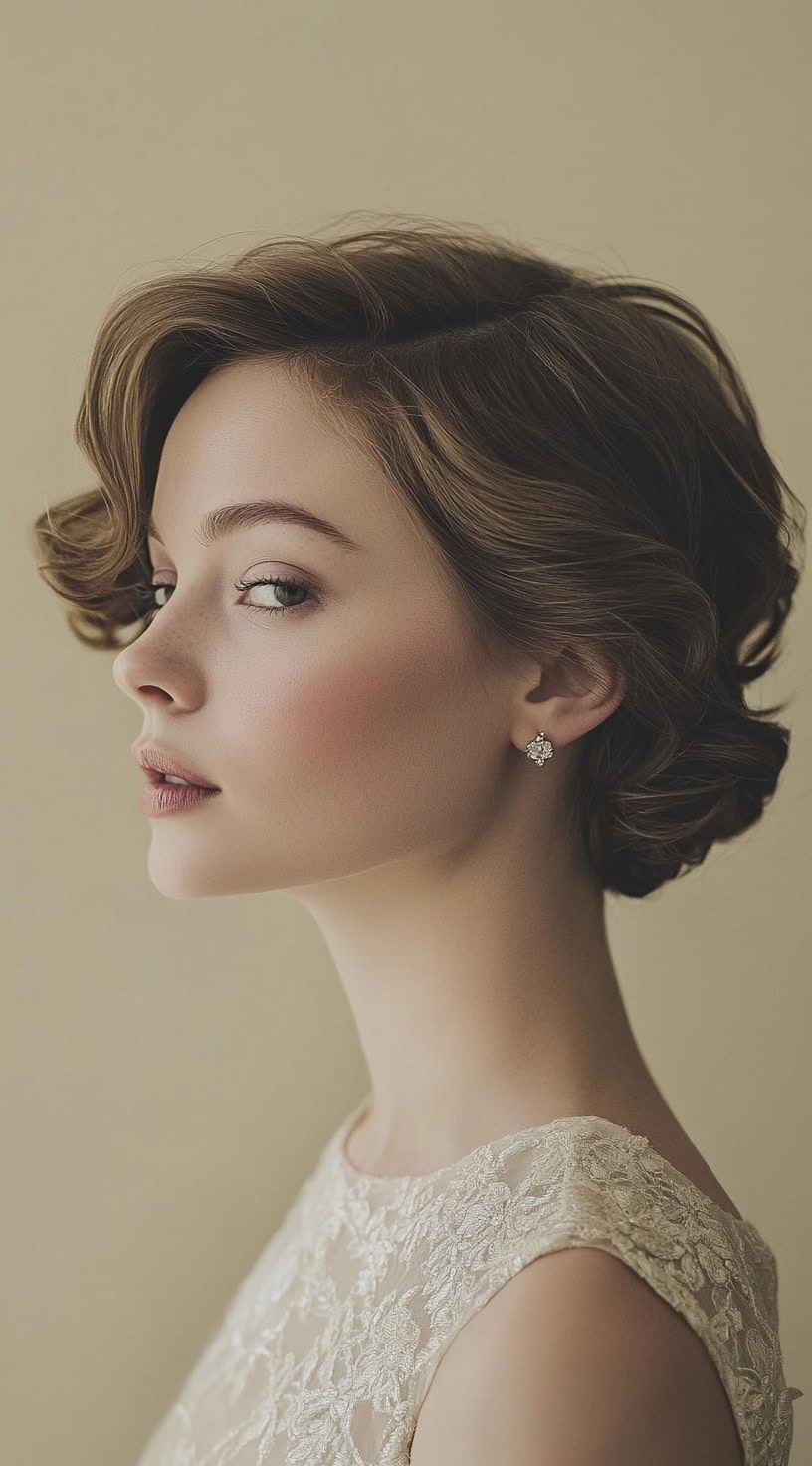 A woman with a soft vintage-inspired updo, wearing an elegant lace dress, showcasing a romantic and timeless hairstyle.