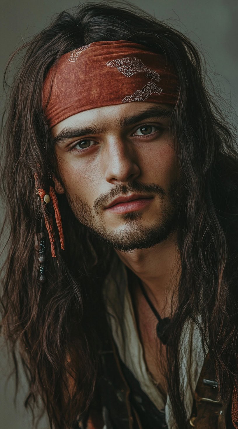 Man with long, soft waves parted in the middle, adorned with a detailed brown bandana.