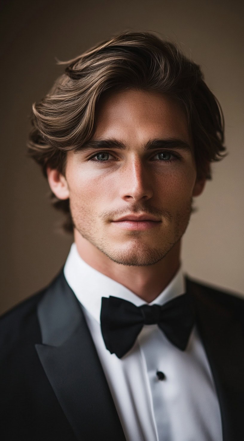 A young man with soft, wavy hair parted to the side, dressed in a tuxedo.