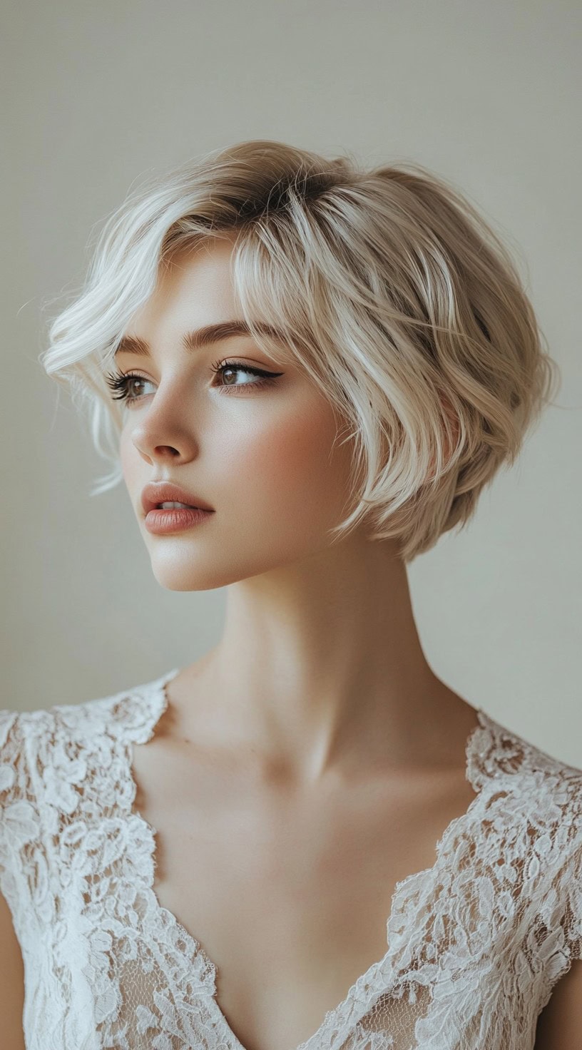 A woman with a soft wavy blonde bob, wearing a lace dress, presenting a romantic and feminine look.