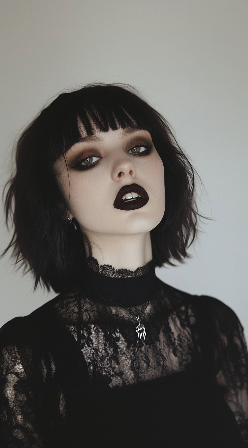 In the photo, a woman with a soft wavy bob and dark gothic makeup looks confidently at the camera.