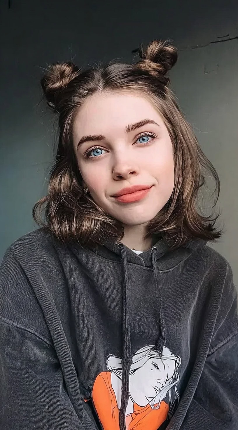 A girl in a hoodie wearing two small space buns on short, softly waved hair, giving a playful and quirky look.