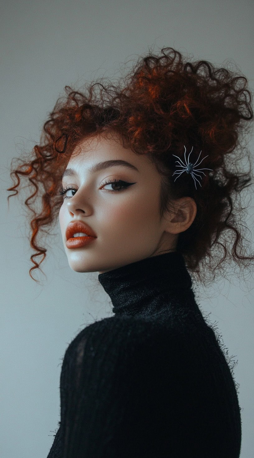 This photograph shows a woman with a curly updo adorned with small plastic spiders.