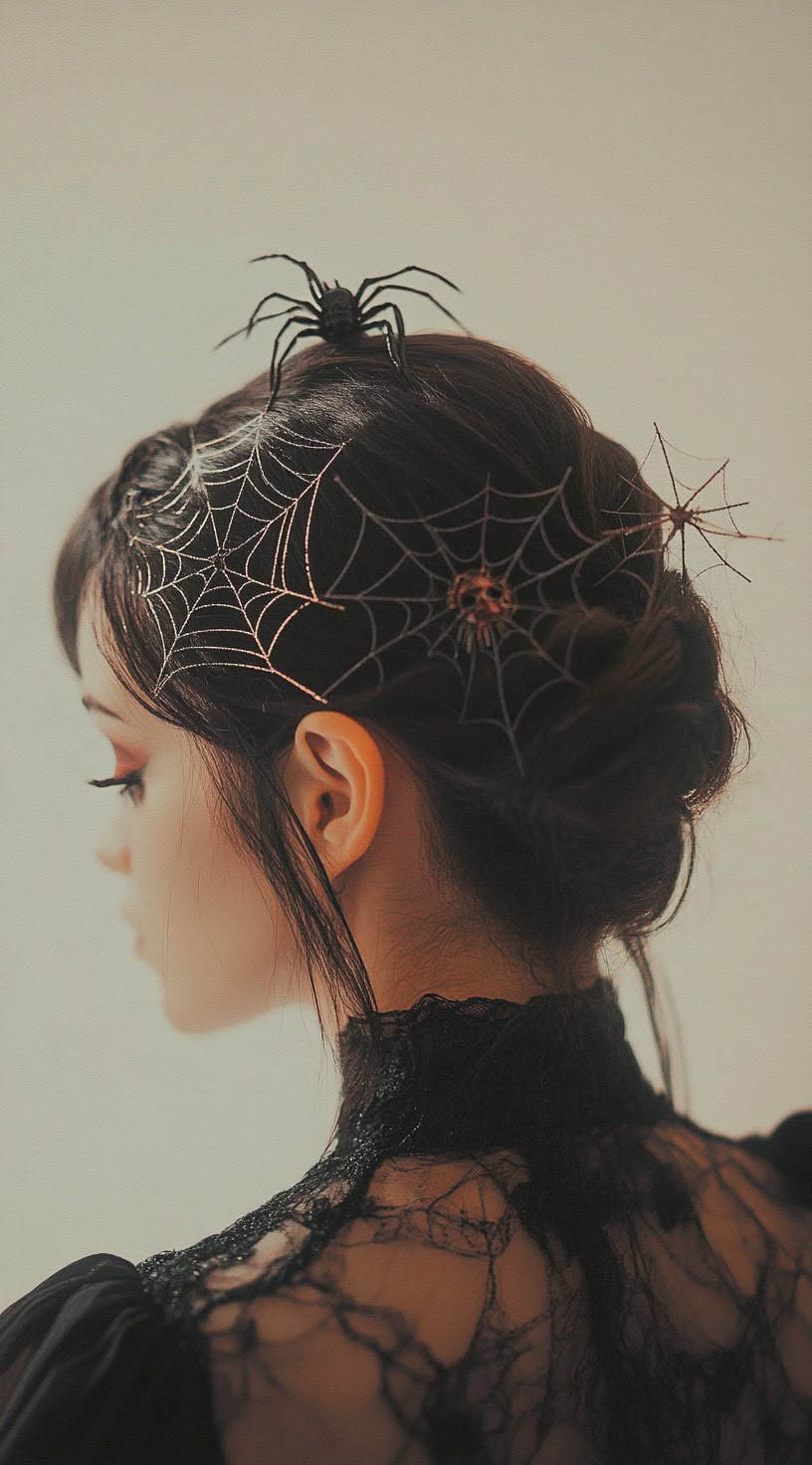 This photo shows a woman with an updo decorated with spider web designs and a spider accessory.