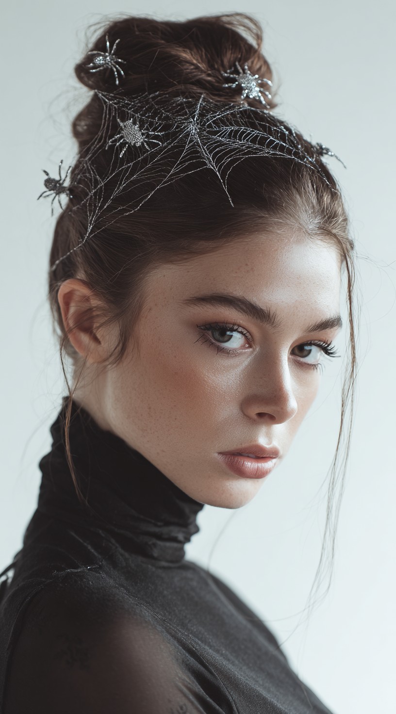 A woman with a brown high bun adorned with delicate silver spiderweb and glittering spider decorations.