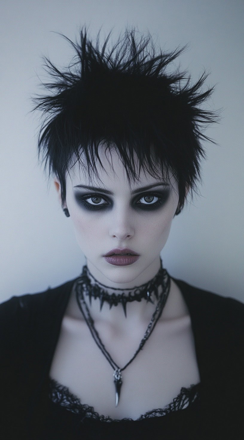 In the photo, a woman with a spiked pixie cut and heavy, dark eye makeup gazes intensely.