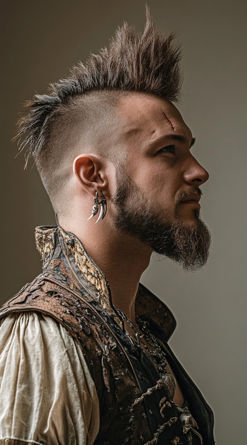 Profile of a man with a spiked-up Mohawk and shaved sides, accessorized with earrings.