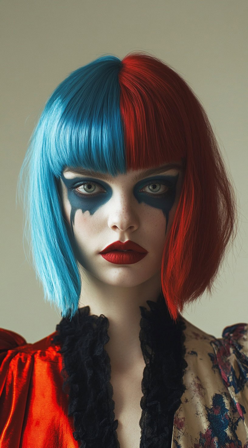 Bob hairstyle with split dye colors of blue and red and V-shaped bangs.