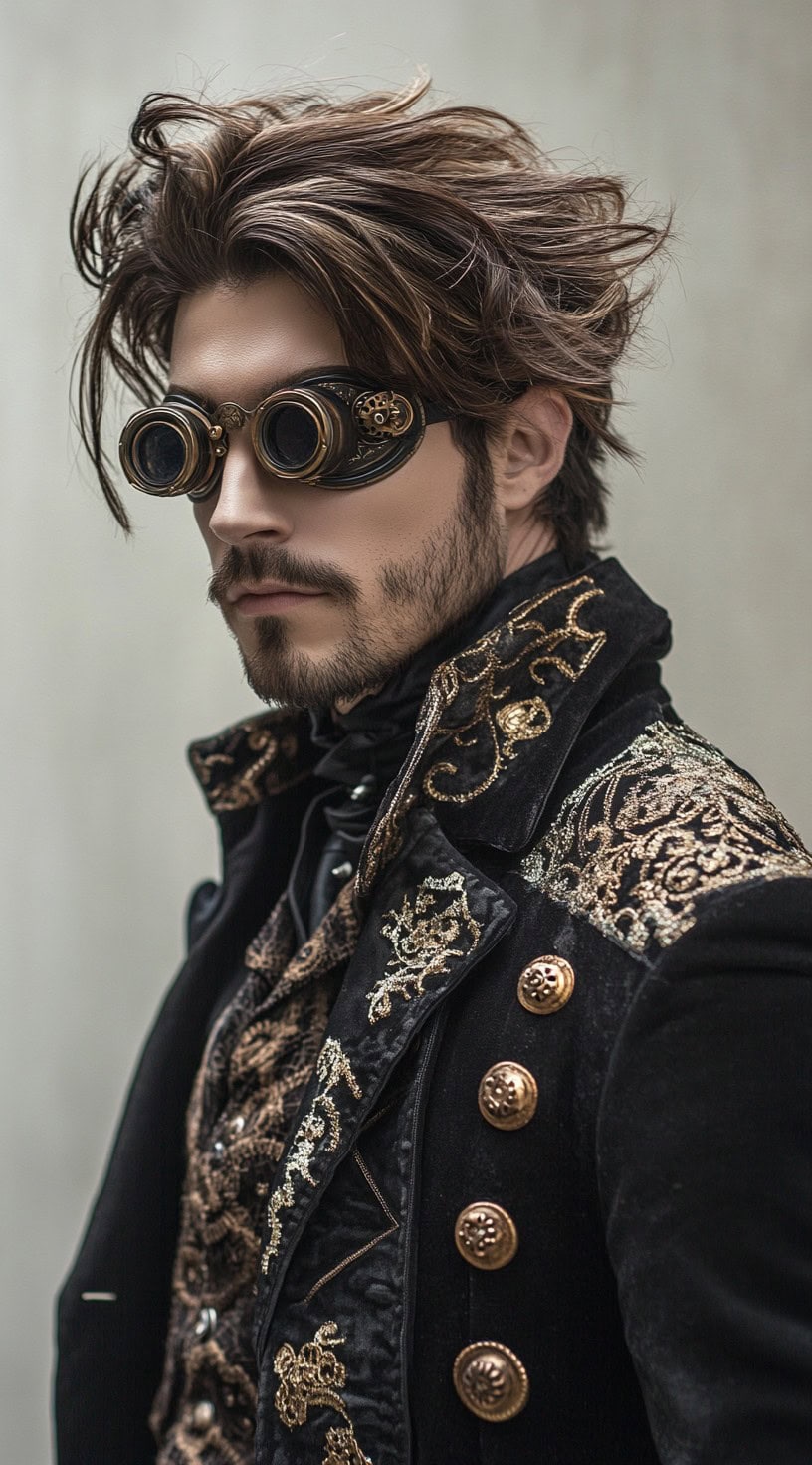 Steampunk gentleman with tousled, sleek waves and goggles accessory, exuding vintage charm.