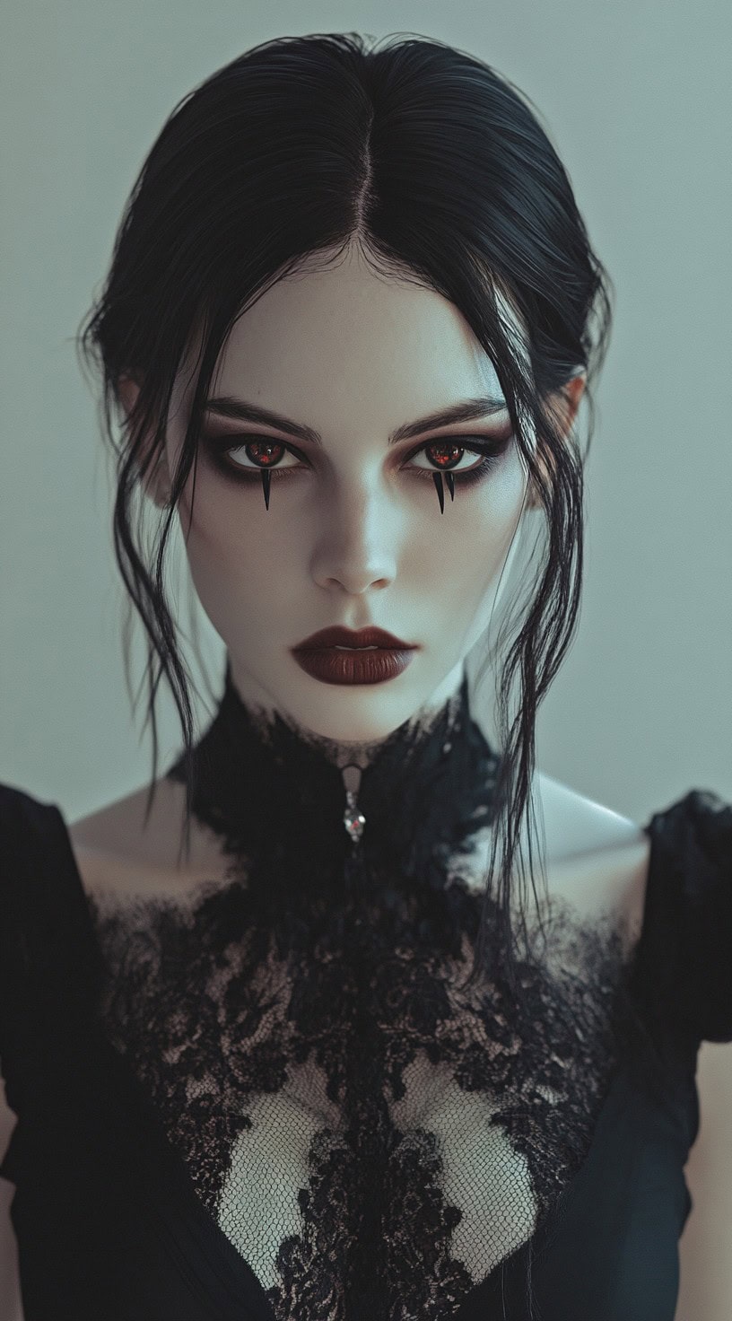 Front view of a woman with straight hair tied at the back, a middle part, and loose tendrils framing her face, styled with vampire makeup.