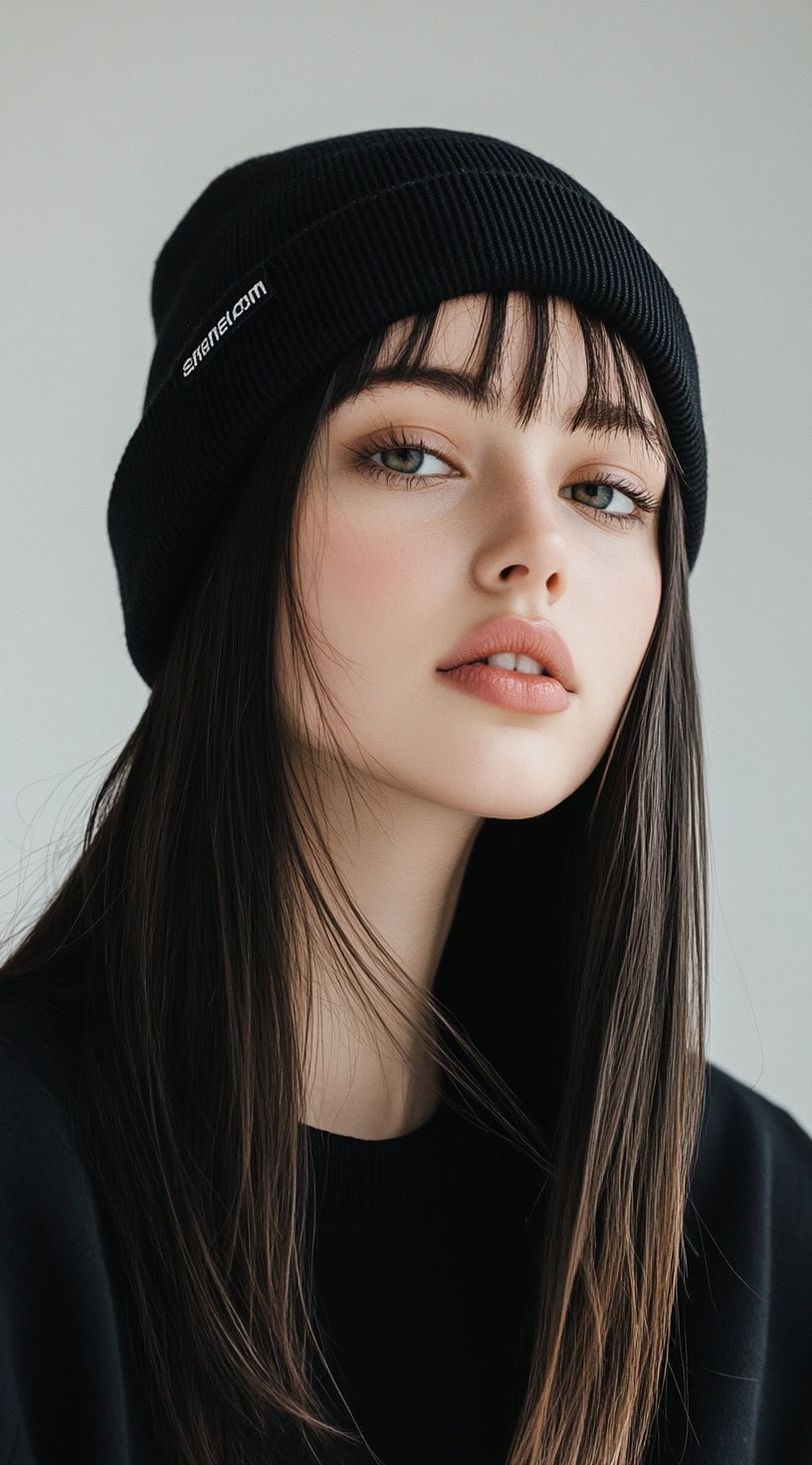 A young woman with straight hair and blunt bangs wearing a black beanie, presenting a sleek, polished look.