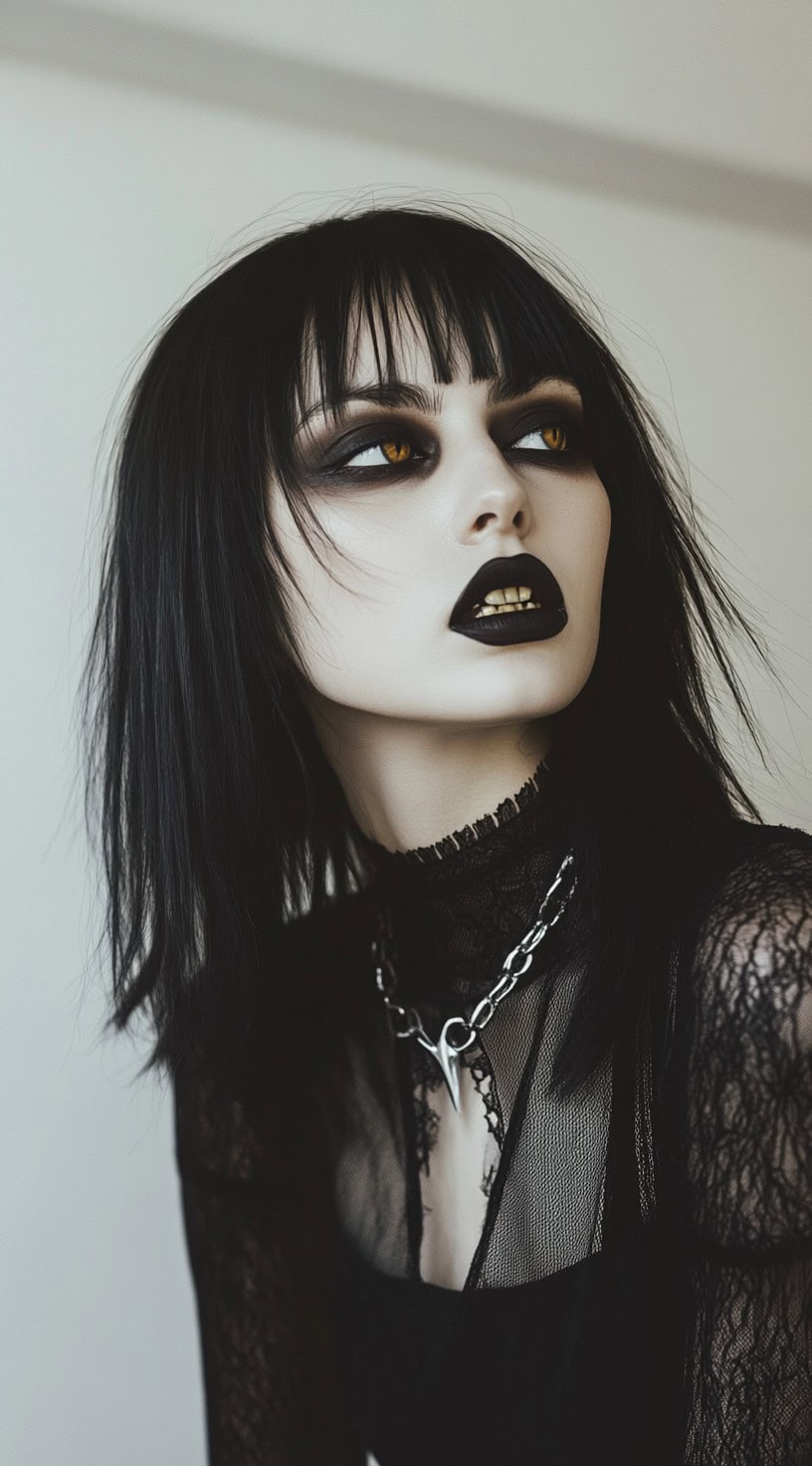 Front view of a woman with a straight long bob and choppy bangs, styled with vampire makeup.