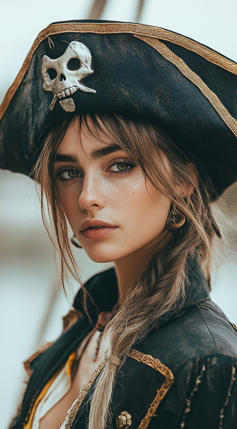 Young woman with long curtain bangs and a short side braid wearing a black pirate hat with a skull decoration.