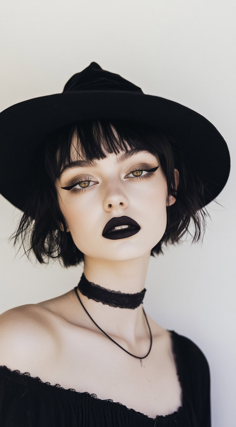 This photo features a woman with a short bob, blunt bangs, and a medium witch hat.