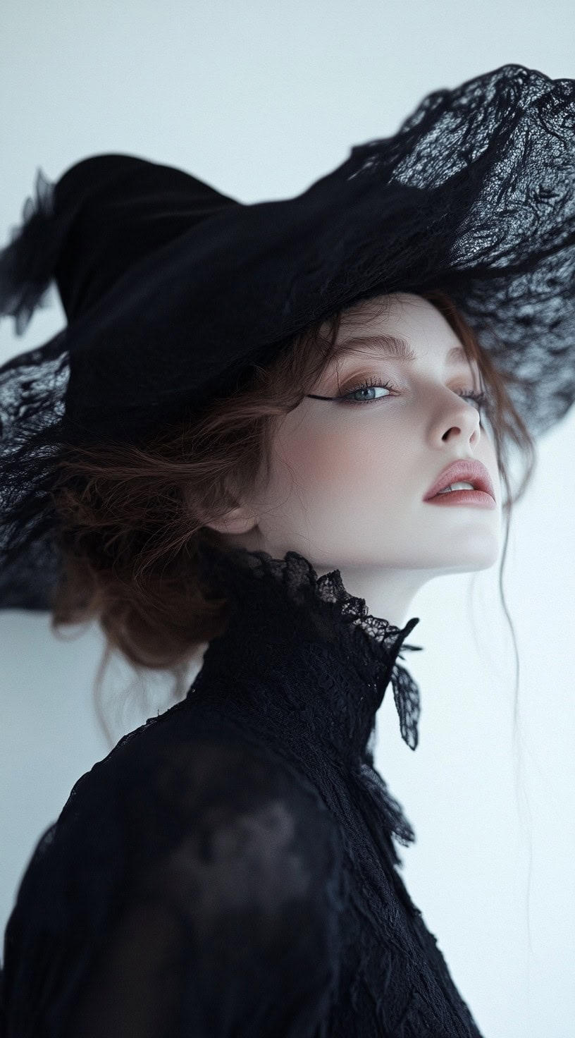 This photo shows a woman with a wavy updo and a witch hat, giving off a stylish Victorian witch vibe.