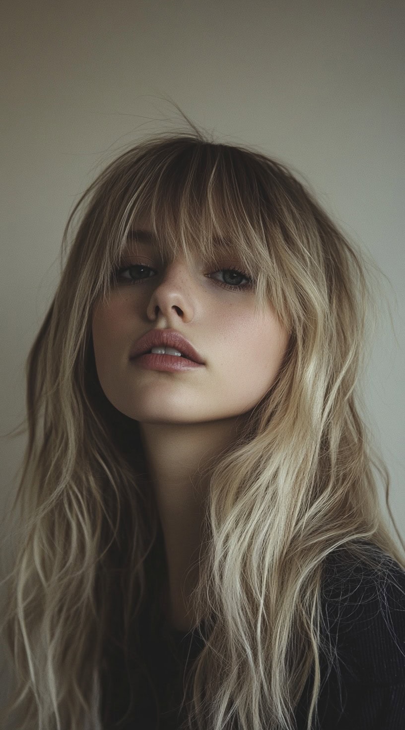 Front shot of wavy, dirty blonde hair with subtle champagne blonde highlights.