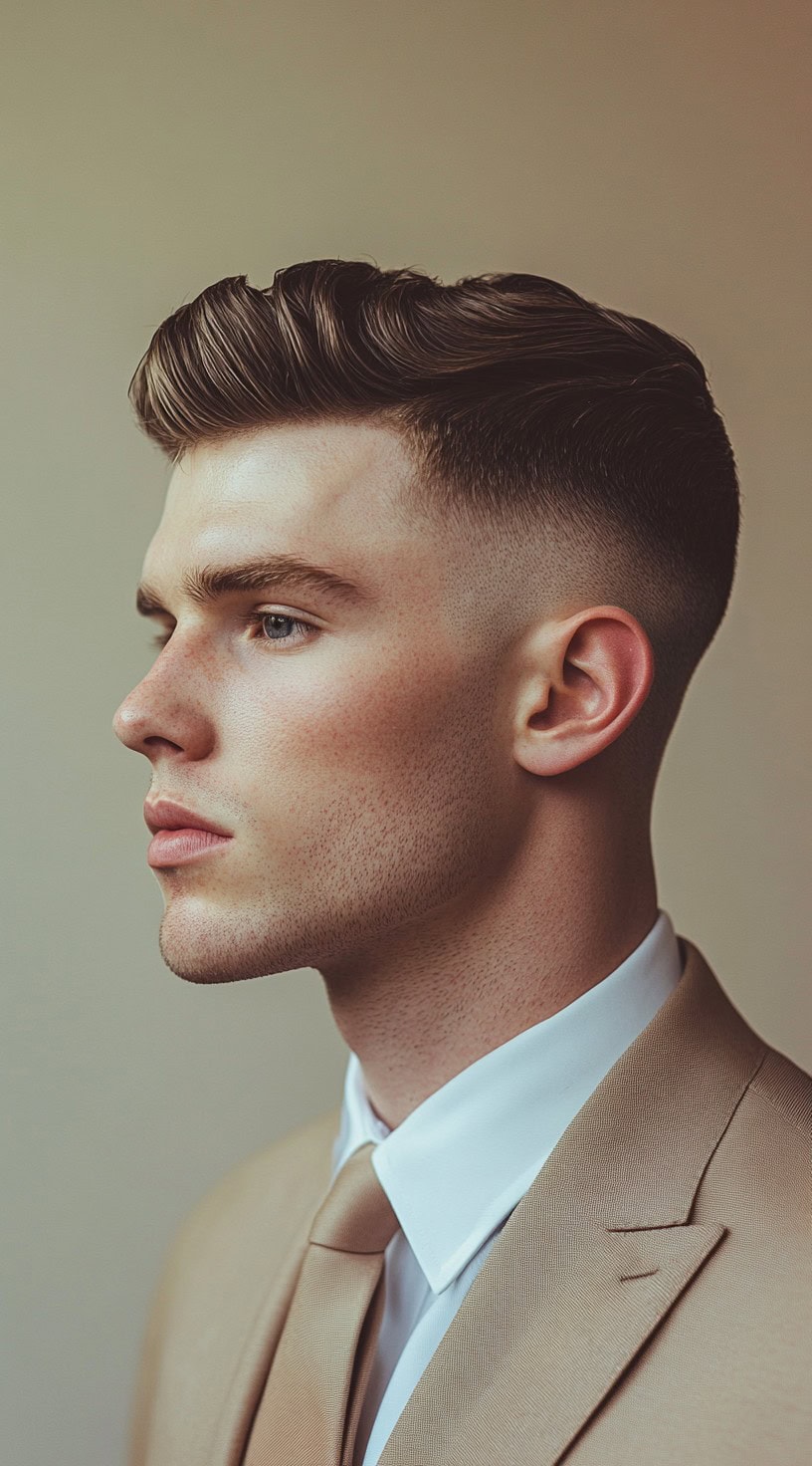 A young man with a taper fade hairstyle, dressed in a light suit.