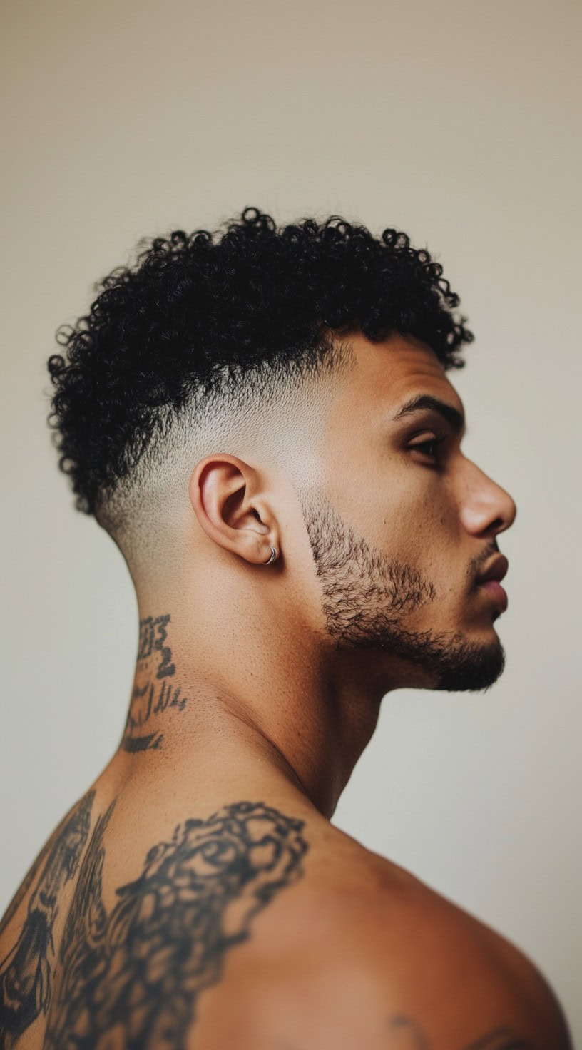 Side profile of a man with a tapered curly afro and a clean line-up, creating a sharp and stylish look.