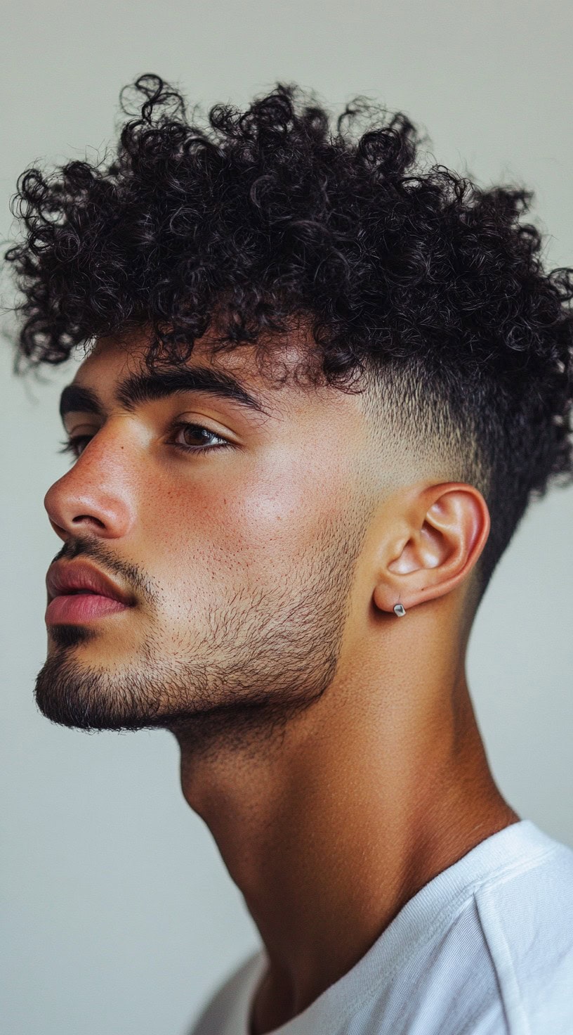 Side profile of a man with a high top fade featuring tight curls and a sharp taper fade.