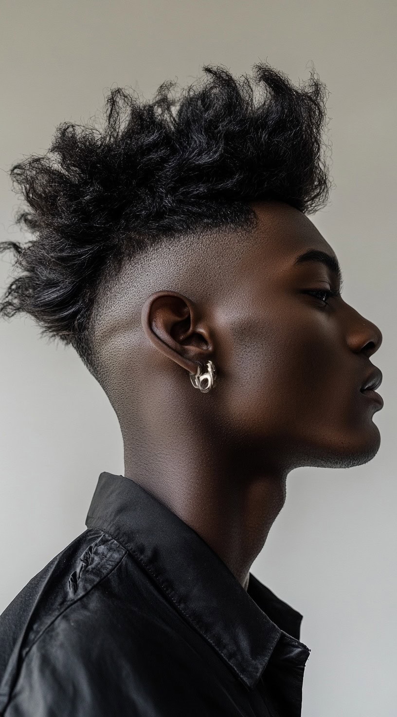 Side profile of a man with a textured afro and a taper fade, highlighting the natural volume and shape.