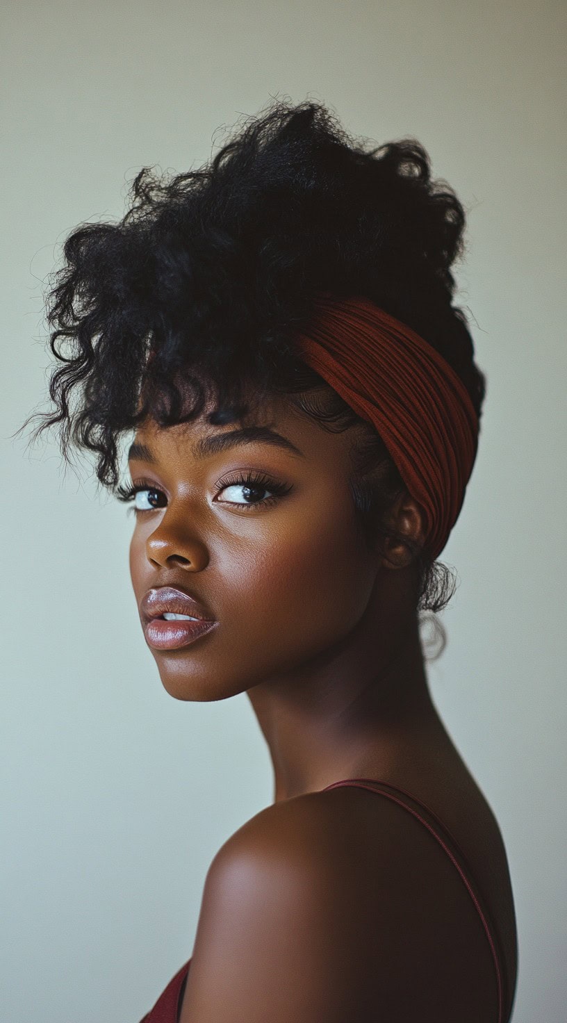 Close-up of a woman with a textured afro and a wide, rust-colored headband.