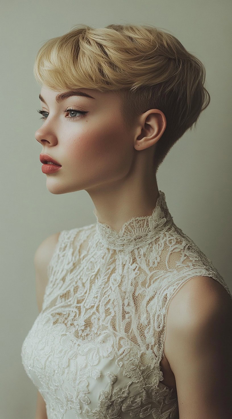 A side profile of a woman with a textured blonde pixie cut featuring soft layers and a tapered back.