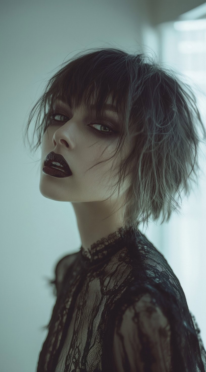 In the photo, a woman with a textured bob and dark edgy makeup gazes intensely.