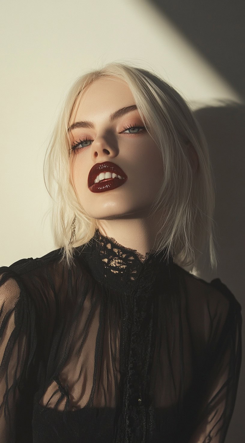 Front view of a woman with a textured bob and soft waves, styled with vampire makeup.