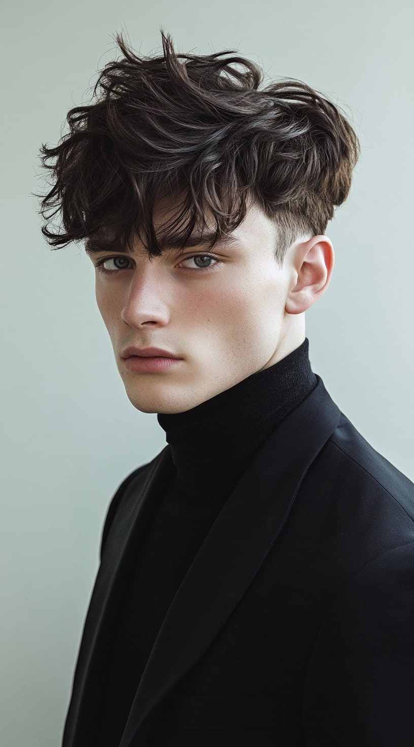 A young man with a textured long crop cut, wearing a black suit and turtleneck.