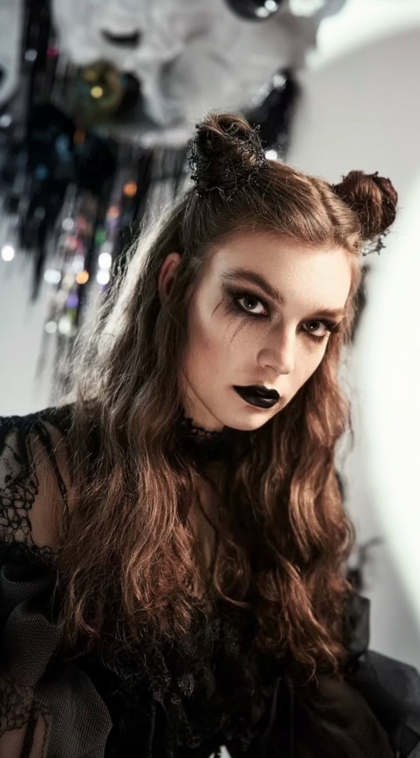 A woman with long, wavy brown hair styled into two small twisted horn-like buns and dark gothic makeup.