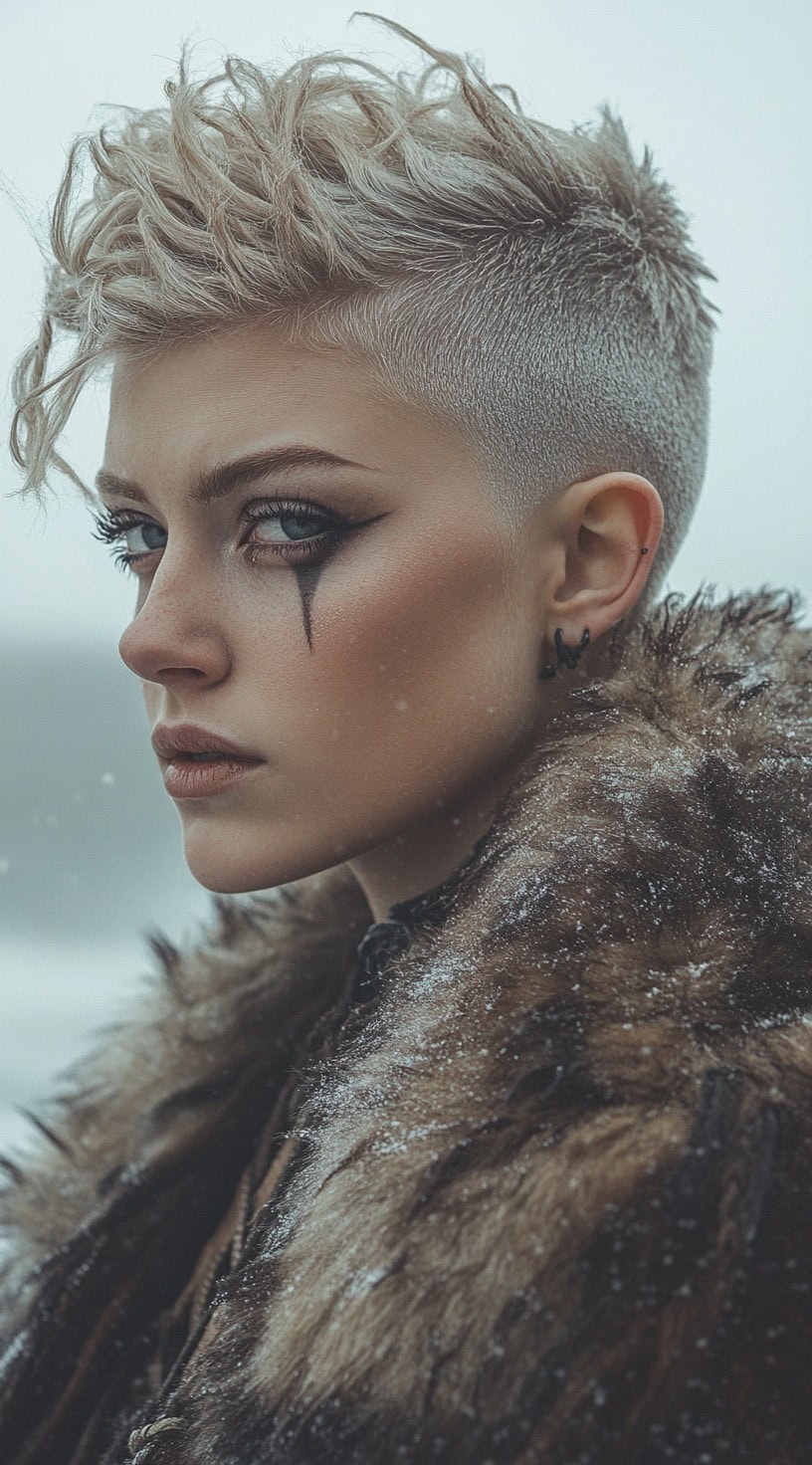 Textured mohawk with an undercut on a woman with platinum blonde hair and dramatic eye makeup.