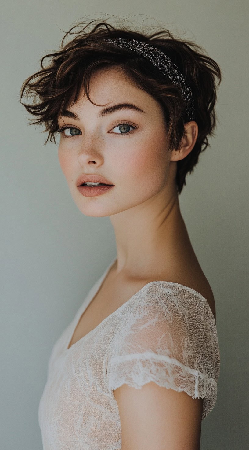 Profile view of a woman with short, textured hair and a sparkly headband.