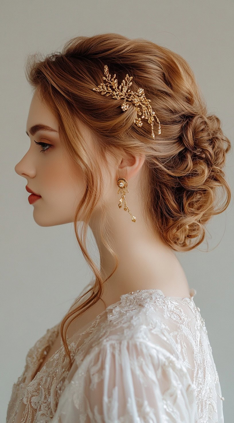 A profile view of a woman with a textured updo, adorned with a gold decorative hairpiece and matching earrings.