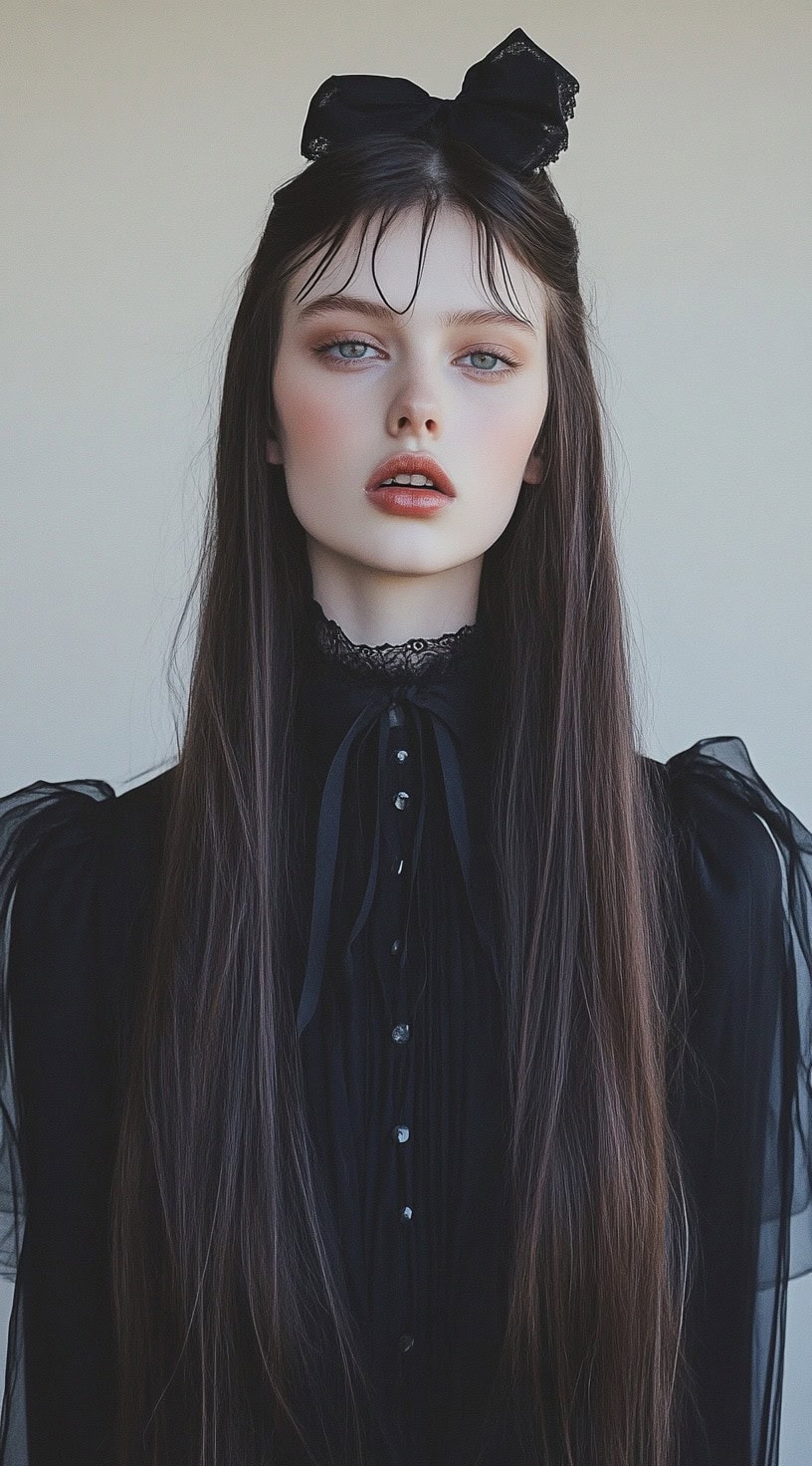 This photo shows a woman with sleek, long hair styled in a half-updo with a black ribbon.