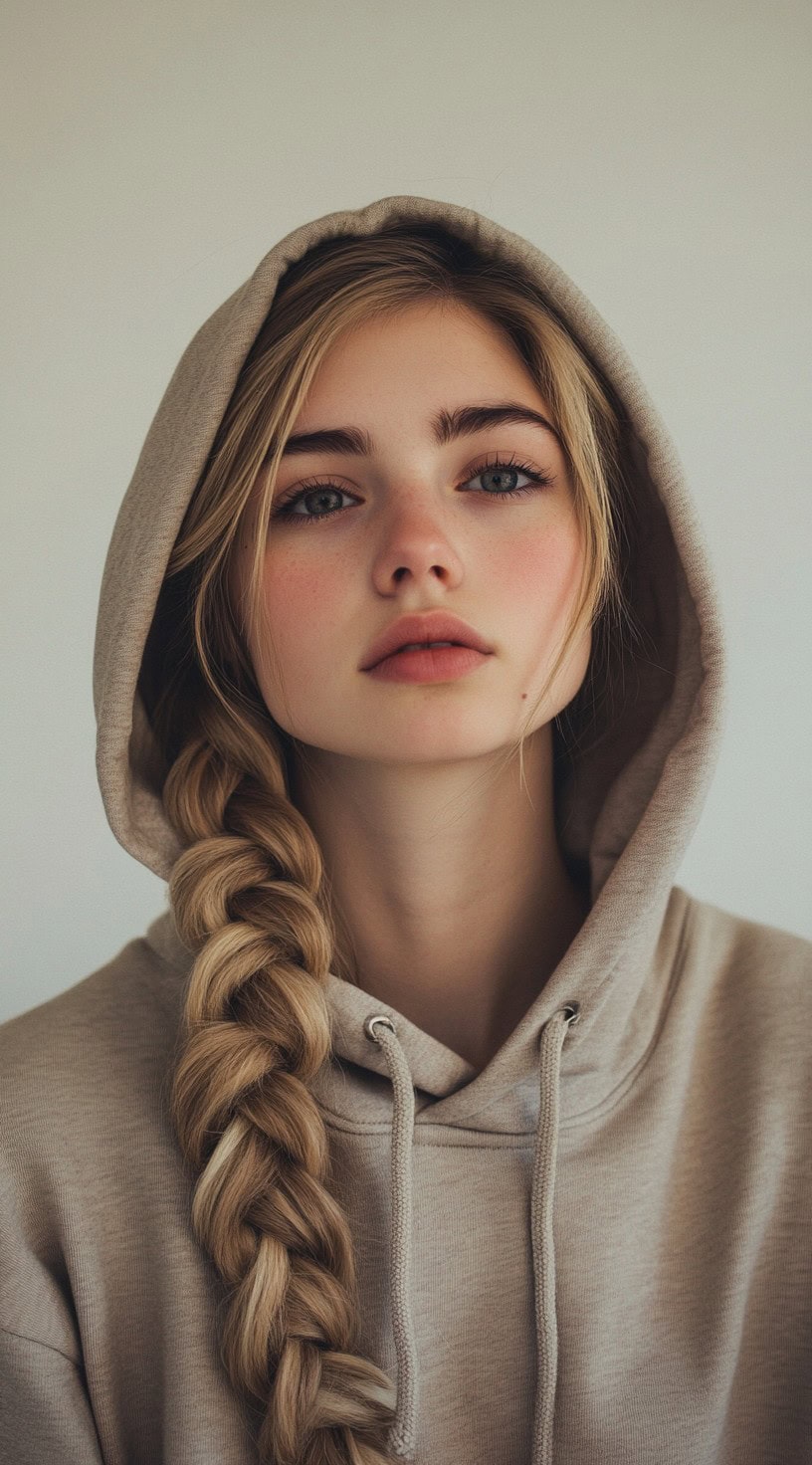 Front view of a young woman with a thick side braid under a beige hoodie.